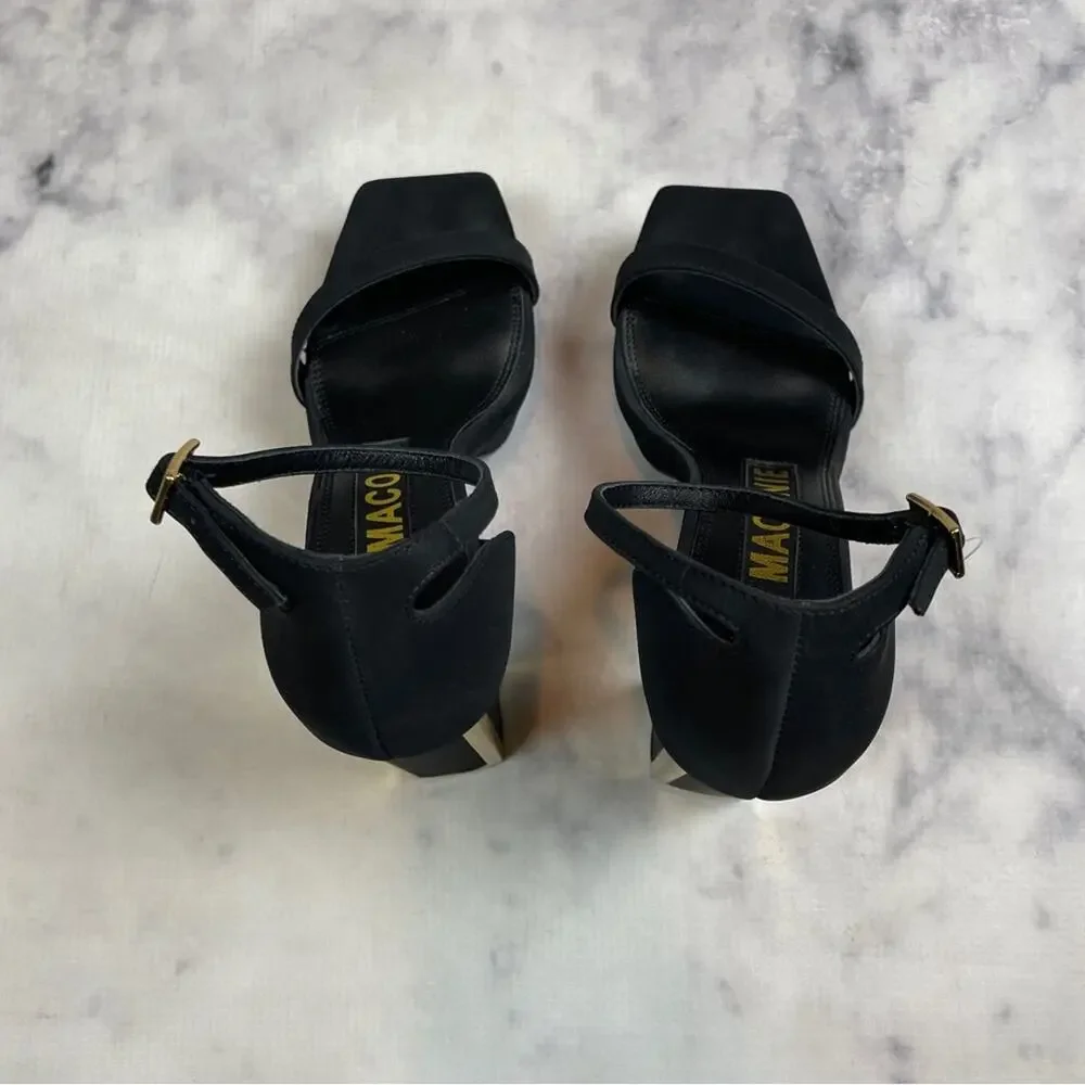 Kat Maconie Missy Black Platform Sandals Block Heel Gold Trim NWOB Sz 7.5